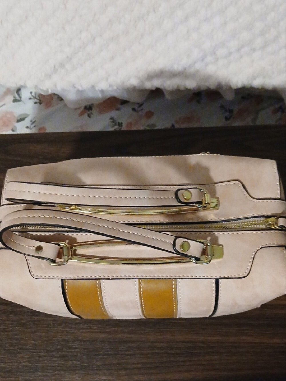 Women's Pink  and Brown Striped Satchel Handbag - Picture 2 of 4